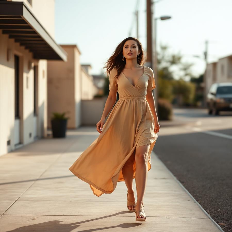 Look editorial con vestido beige