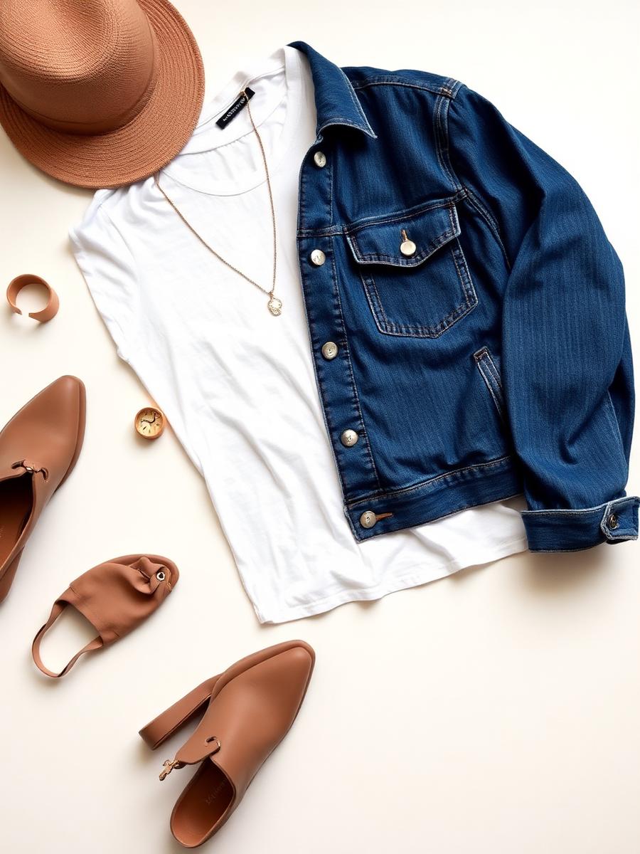 Flat lay de outfit denim y neutros
